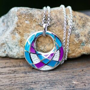 Teal & Purple Enamel Sterling Silver Pendant: Geometric CZ Necklace